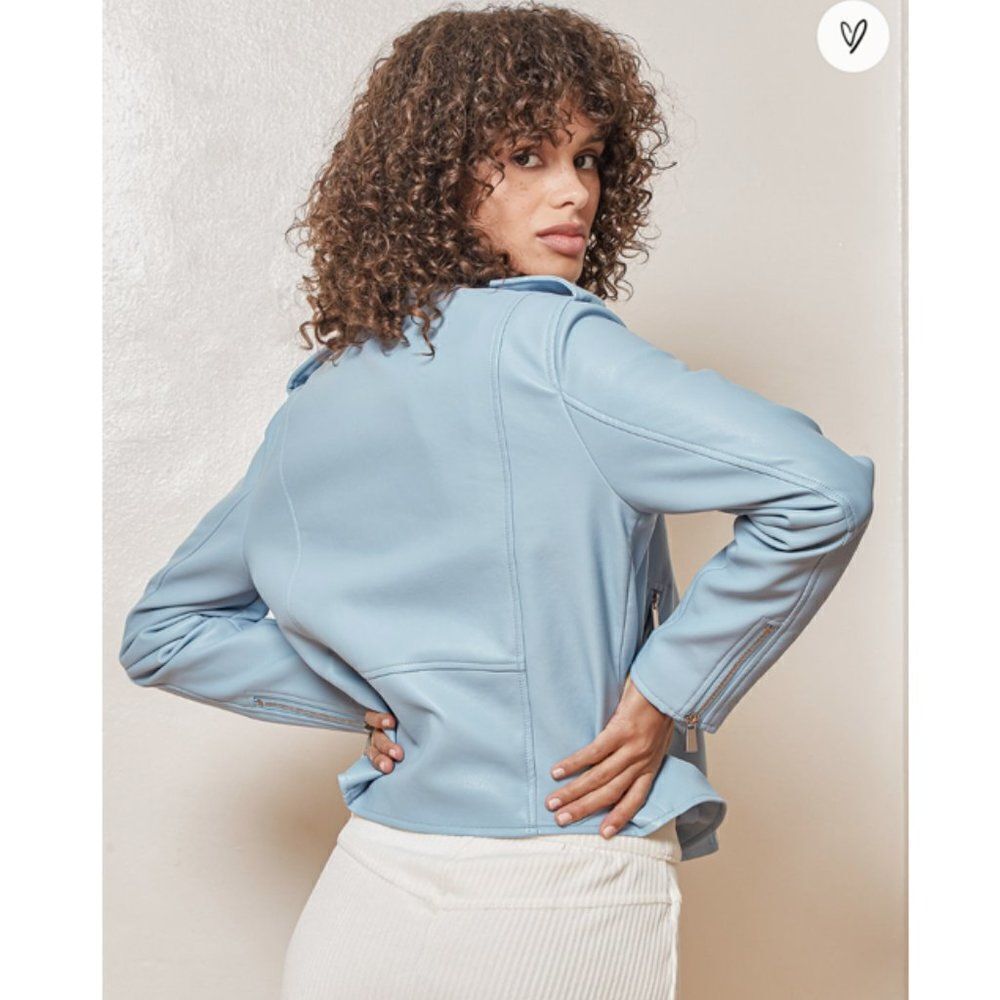 LULU'S cropped biker jacket Out for the Night Blue Vegan Leather Moto Jacket NWT - Picture 8 of 8